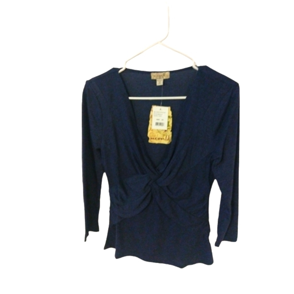 One World Navy Criss Cross V Neck Minimalist Style 3/4 Sleeved Soft NWT Top XS